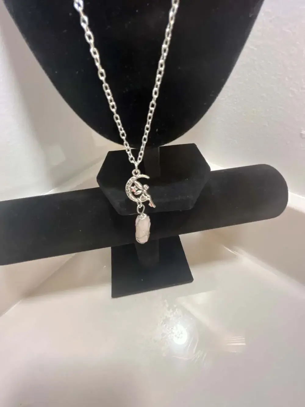 Wire Wrapped Rose Quartz Crystal and Crescent Moon Pendant Necklace